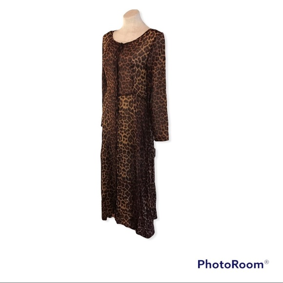 Vintage 90s Womens Maxi Dress Long Sleeve Sheer Leopard Print Brown Tan Small - Picture 7 of 9